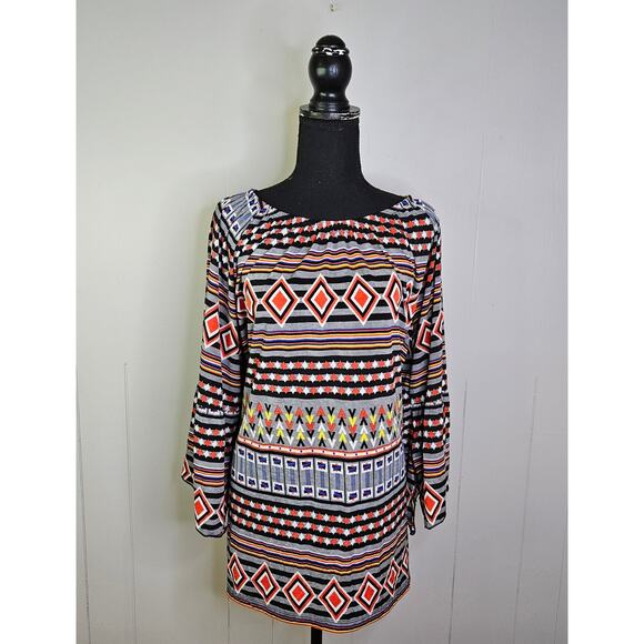 Ali Miles Printed Aztec Geometric Tunic Blouse Size Large Matte Jersey Stretch - Picture 1 of 13